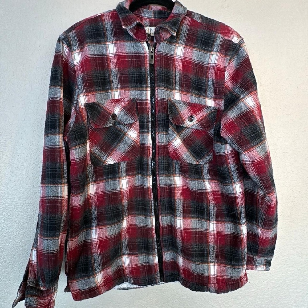 Red and Black Plaid Zip-Up Shirt